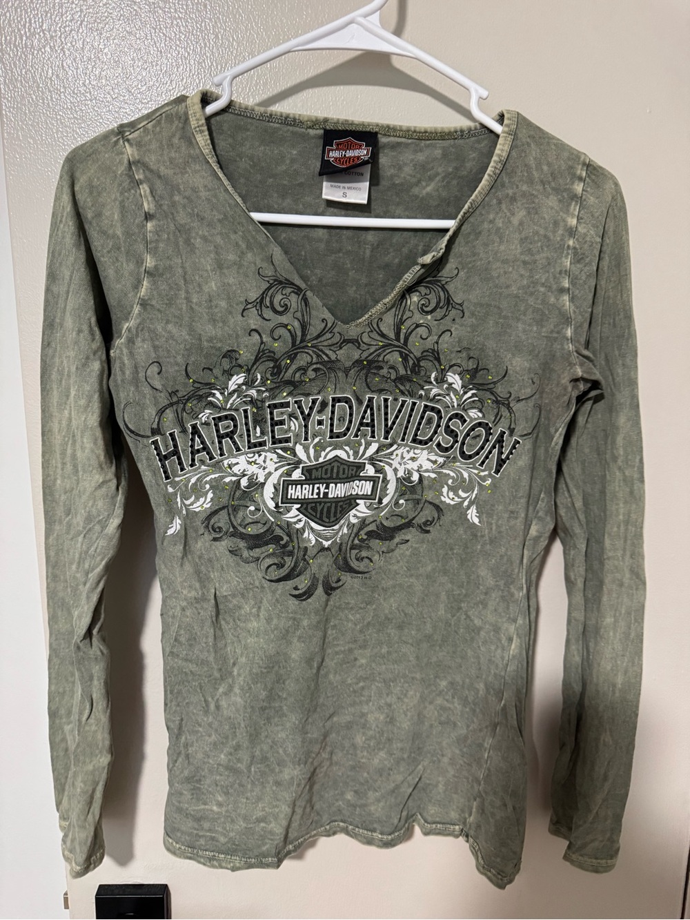 Harley-Davidson Olive Green Long Sleeve V-Neck Tee with Front Logo
